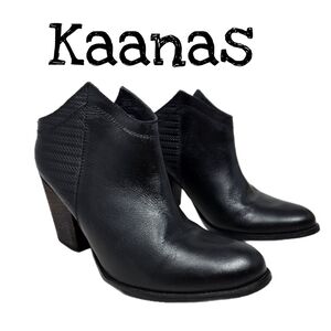 Kaanas Womens Western Bootie Clog Sz 39 =8.5 To 9 Black Leather Wood Stack Heel